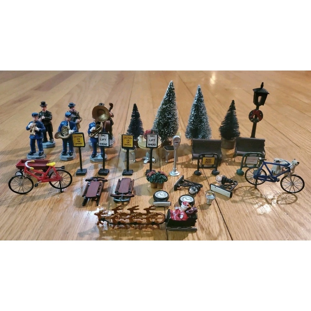 Lot of Vintage Miniature Christmas Figures Accessories Bottle Brush Trees 37 Pcs